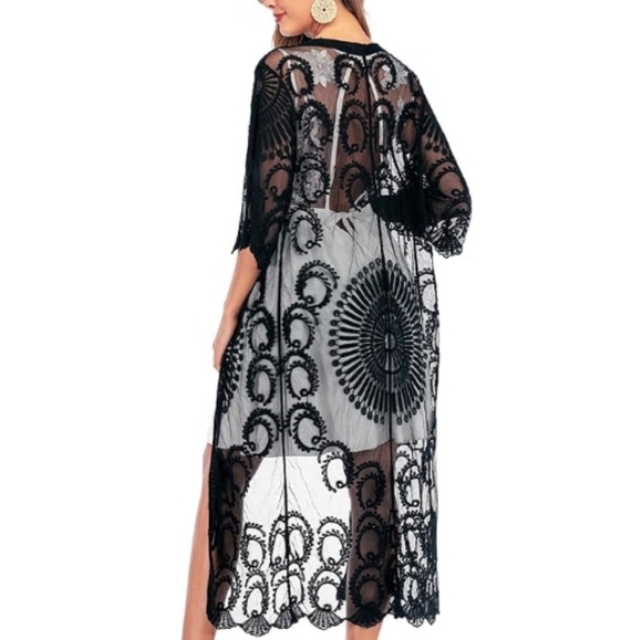 Long Flowy Lace Kimono Cardigan Boho Style Open Cover Ups Black - Picture 3 of 5